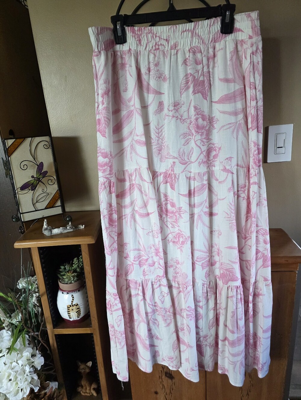 Women's Pink & Cream Floral Tiered 70% Linen Maxi Skirt With Pockets Size XL